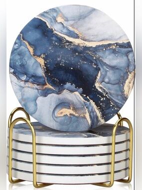 NWT Navy Blue Marble Ceramic Coasters Set of 6 with Gold Holder